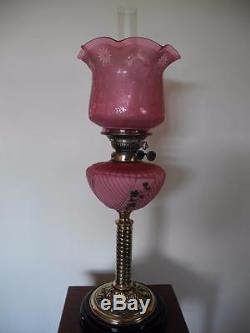 Antique Victorian (circa1880) Oil Lamp-pink Font & Cranberry Glass Tulip Shade