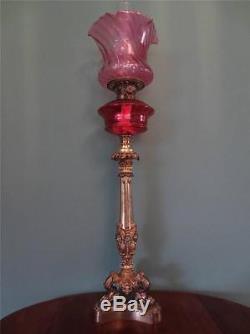 Antique Victorian (circa1880)column Oil Lamp-cranberry Glass Font & Tulip Shade