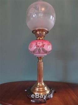 Antique Victorian (circa1890) Oil Lamp-pink Glass Font- Fine Etched Globe Shade