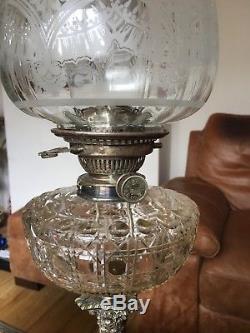 Antique Victorian(circa1890)hinks Silver & Cut Glass Oil Lamp-etched Tulip Shade
