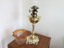 Antique Victorian duplex brass oil lamp with Amber tulip shade