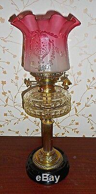 Antique Victorian/edwardian Oil Lamp Etched Cranberry Glass Shade Collect Only