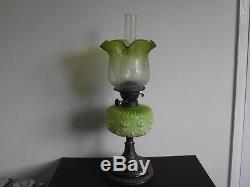 Antique Victorian oil lamp Green moulded font, green etched glass shade