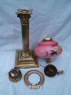 Antique Victorian oil lamp tall pink font corinthian column etched shade OL3