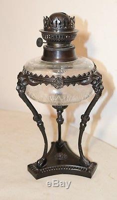 Antique Victorian style figural devil bronze cut crystal glass footed oil lamp