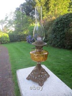 Antique Vintage Amber Glass Oil Lamp & Chimney Shepards Hut Farmhouse