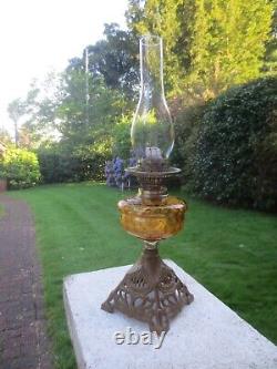 Antique Vintage Amber Glass Oil Lamp & Chimney Shepards Hut Farmhouse