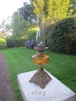 Antique Vintage Amber Glass Oil Lamp & Chimney Shepards Hut Farmhouse