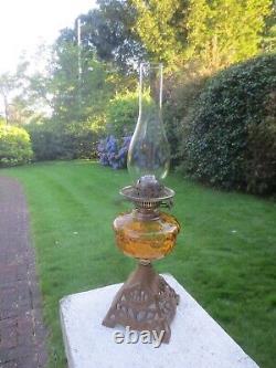 Antique Vintage Amber Glass Oil Lamp & Chimney Shepards Hut Farmhouse