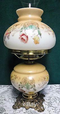 Antique Vintage Beige Floral Gone With The Wind Hurricane Oil Lamp
