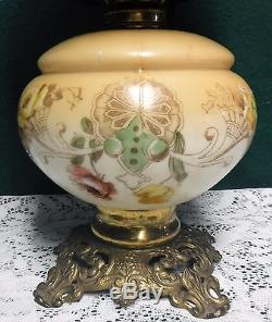 Antique Vintage Beige Floral Gone With The Wind Hurricane Oil Lamp