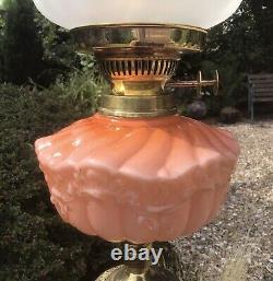 Antique/Vintage Oil Lamp Peach Cased Glass Font Mask Head Brass Base Duplex