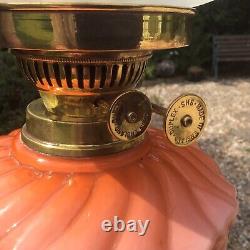 Antique/Vintage Oil Lamp Peach Cased Glass Font Mask Head Brass Base Duplex