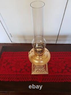 Antique Vintage Twin Burner Brass & Copper Oil Lamp, Ornate, Glass Shade, Weighed