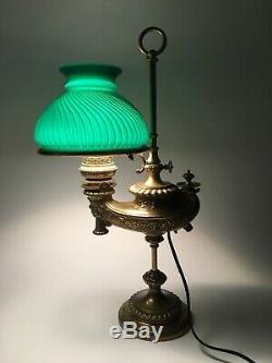 Antique Wild and Wessel Brass Oil Lamp Harvard Student Lamp with Green Shade
