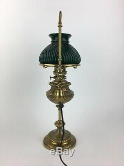 Antique Wild and Wessel Brass Oil Lamp Harvard Student Lamp with Green Shade