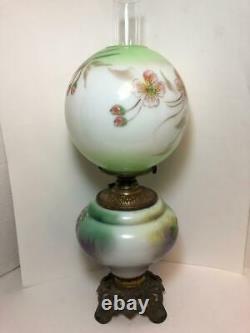 Antique Working Victorian GWTW CLIMAX Floral Globe Oil Parlor Table Lamp GC