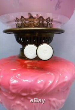Antique Wright & Butler Duplex Burner Veritas Oil Lamp Pink Original Shade