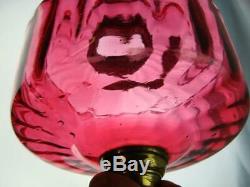 Antique Youngs Large Cranberry Glass Ribbed Moulded Oil Lamp Font Brass Fittings