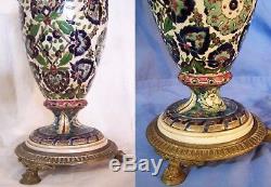 Antique ZSOLNAY PECS FISCHER J Budapest Porcelain Faience Oil Lamp with Rakenius