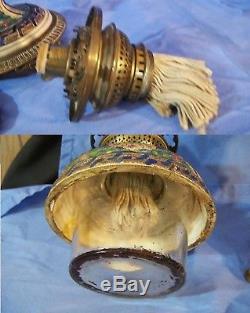 Antique ZSOLNAY PECS FISCHER J Budapest Porcelain Faience Oil Lamp with Rakenius