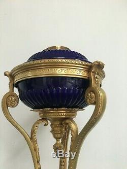 Antique brass large ornate empire ormolu oil lamp Hinks, cobalt blue fount