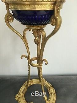 Antique brass large ornate empire ormolu oil lamp Hinks, cobalt blue fount