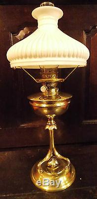Antique brass table oil lamp J HINKS Arts & Crafts Art Nouveau & ribbed shade
