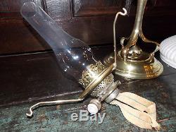 Antique brass table oil lamp J HINKS Arts & Crafts Art Nouveau & ribbed shade