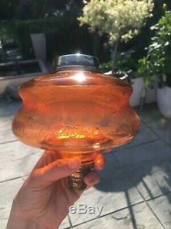 Antique burnt orange oil lamp metal and brass, orange tulip shade