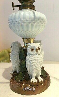 Antique ceramic three owl oil lamp with vesta shade