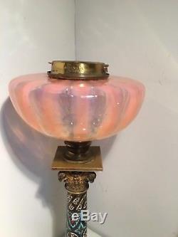 Antique cloisonne brass and candy strip pink oil lamp