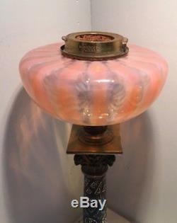 Antique cloisonne brass and candy strip pink oil lamp