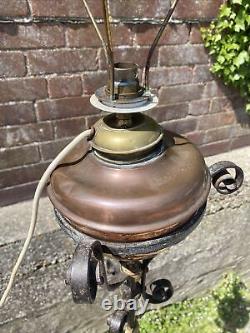 Antique converted Oil Lamp wrought iron and copper standard floor lamp Working
