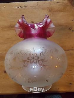 Antique cranberry OIL LAMP with Youngs burner and pink & etched shade