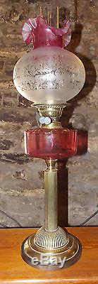 Antique cranberry OIL LAMP with Youngs burner and pink & etched shade