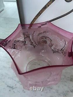 Antique cranberry acid etched oil lamp shade