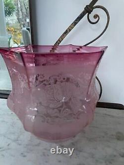 Antique cranberry acid etched oil lamp shade