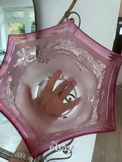 Antique cranberry acid etched oil lamp shade