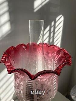 Antique cranberry crimped wavy top acid etched oil lamp shade