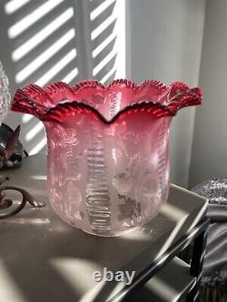 Antique cranberry crimped wavy top acid etched oil lamp shade