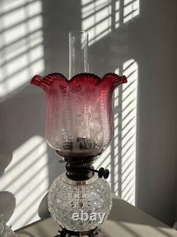 Antique cranberry crimped wavy top acid etched oil lamp shade