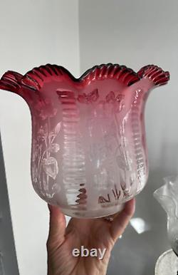 Antique cranberry crimped wavy top acid etched oil lamp shade