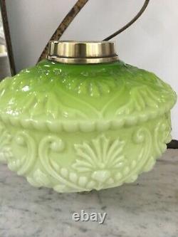 Antique cranberry embossed green glass oil lamp font