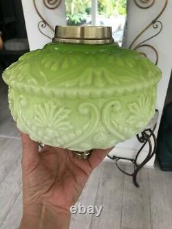 Antique cranberry embossed green glass oil lamp font