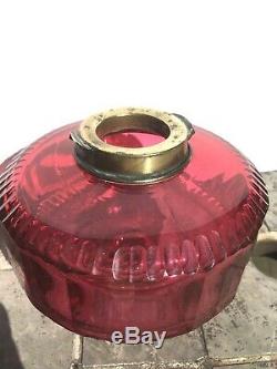 Antique cranberry glass oil lamp fount with facet cuts