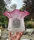 Antique cranberry wavy top acid etched oil lamp shade