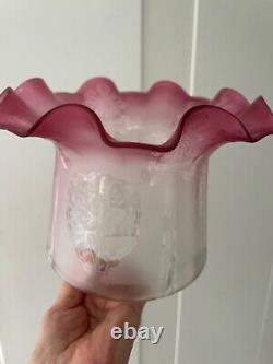 Antique cranberry wavy top acid etched oil lamp shade