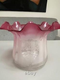 Antique cranberry wavy top acid etched oil lamp shade