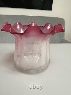 Antique cranberry wavy top acid etched oil lamp shade